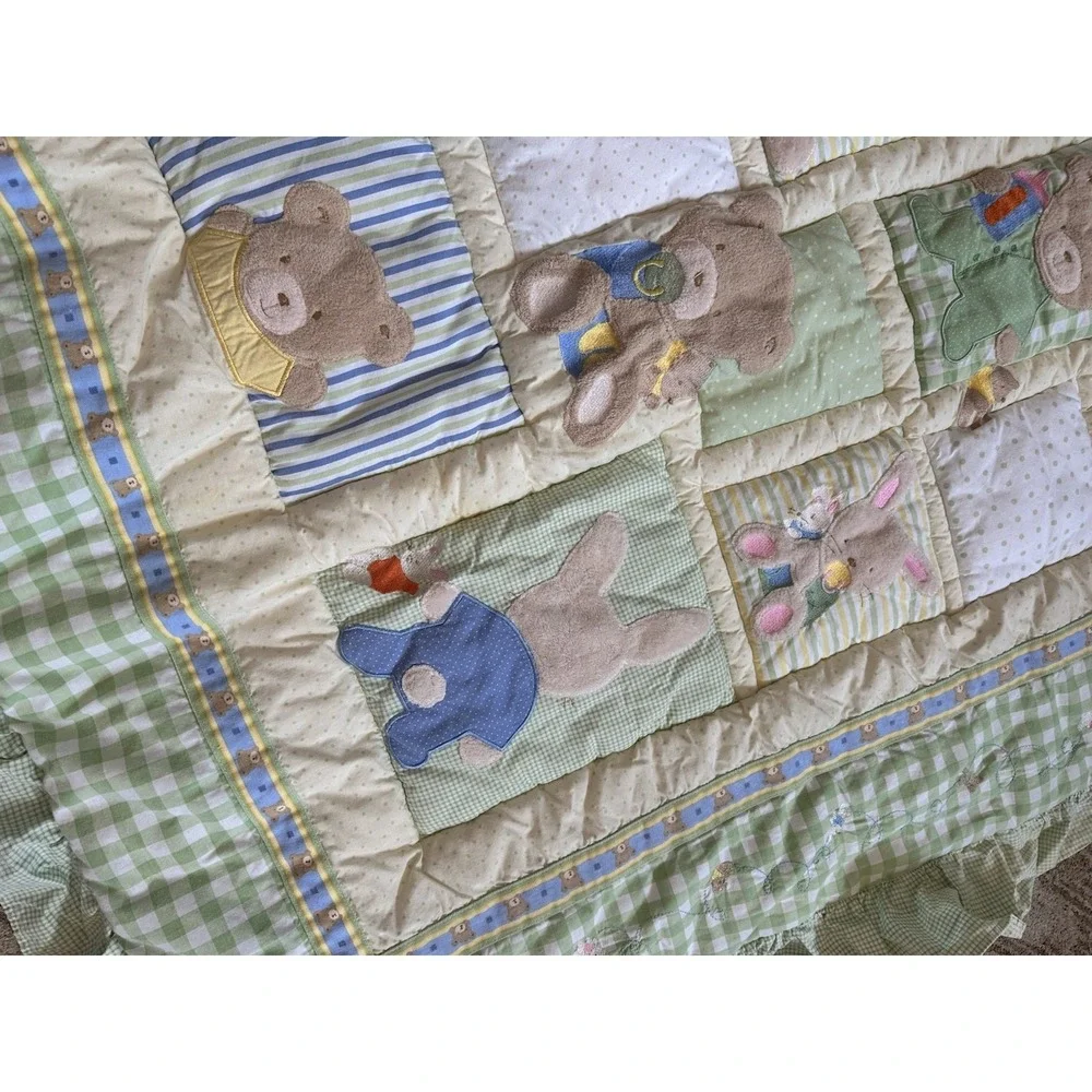 Carter's Teddy Bear Green & Yellow Baby Quilt Blanket Pastel Ruffle Nursery 46